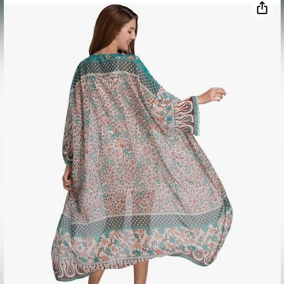 Women's Loose Kimono Cardigan Floral Print Long Sleeve Coverups - Picture 3 of 4